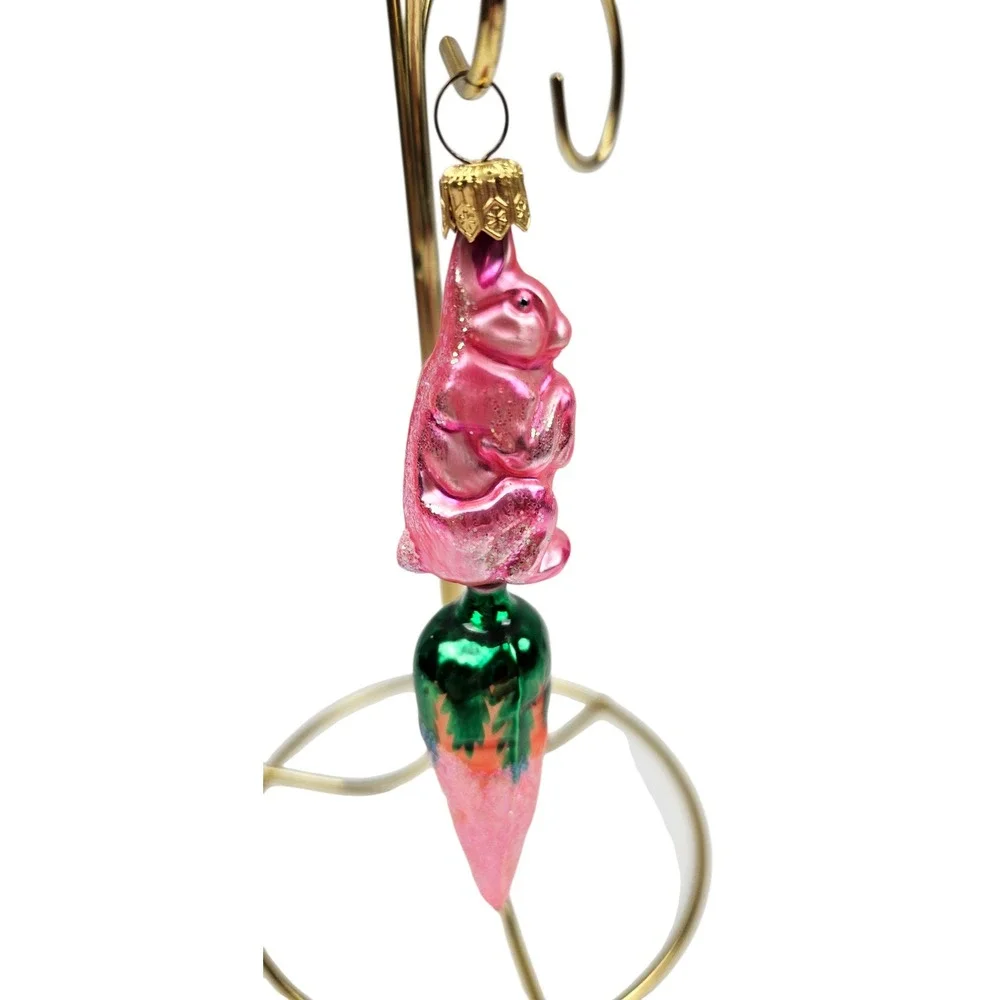 Rare Vtg Christopher Radko Pink Bunny Hop w/ Carrot‎ Glass Ornament